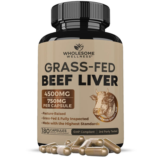 Wholesome Wellness Grass Fed Desiccated Beef Liver Capsules (180 Pills, 750mg Each) - Natural Iron, Vitamin A, B12 for Energy - Raised Undefatted in New Zealand Without Hormones or Chemicals