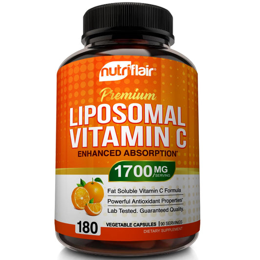 NutriFlair Liposomal Vitamin C 1700mg, 180 Capsules - High Absorption, Fat Soluble VIT C, Antioxidant Supplement, Higher Bioavailability Immune System Support & Collagen Booster, Non-GMO, Vegan Pills