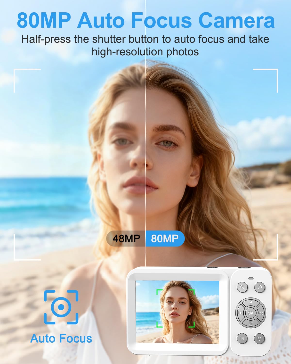 Hoorola 5K Digital Camera, 80MP Dual Screen Autofocus Vlogging Camera, 18X Zoom Point and Shoot Camera for Photography, Flash, 32GB Card, 2 Batteries, Compact Camera for Teens Adults (White)