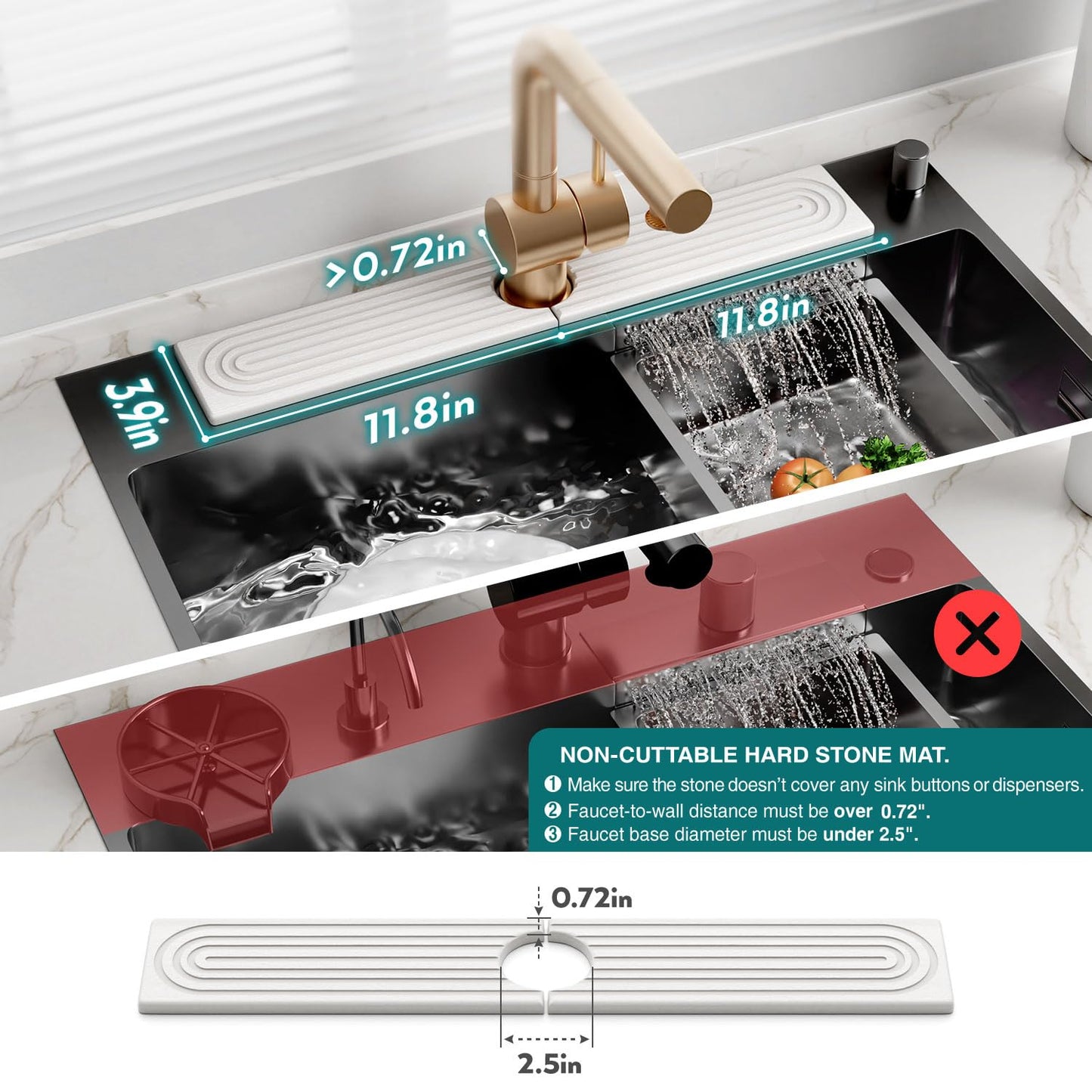 Faucet Mat for Kitchen Sink - 24'' Long Diatomite Fast Drying Stone Sink Tray, Super Absorbent, Prevents Moisture Buildup - Faucet Splash Guard for Bathroom Counter [Light Grey, Includes Sandpaper]