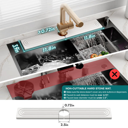 Faucet Mat for Kitchen Sink - 24'' Long Diatomite Fast Drying Stone Sink Tray, Super Absorbent, Prevents Moisture Buildup - Faucet Splash Guard for Bathroom Counter [Light Grey, Includes Sandpaper]