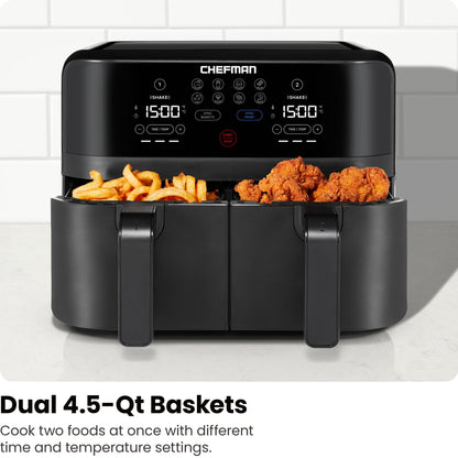 Chefman TurboFry Touch Dual Air Fryer, Maximize The Healthiest Meals With Double Basket Capacity, One-Touch Digital Controls And Shake Reminder For The Perfect Crispy And Low-Calorie Finish