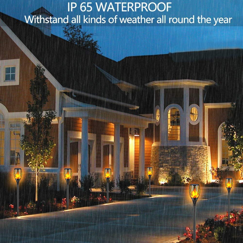 Solar Flame Light, 43’ Flashing Flame Flashlight Outdoor Waterproof Landscape Decorative Lighting Dusk to Dawn Auto On/Off Safety Flame Lights for Patio Garden Path Driveway 4 packs (Round hole flame)