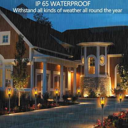 Solar Flame Light, 43’ Flashing Flame Flashlight Outdoor Waterproof Landscape Decorative Lighting Dusk to Dawn Auto On/Off Safety Flame Lights for Patio Garden Path Driveway 4 packs (Round hole flame)