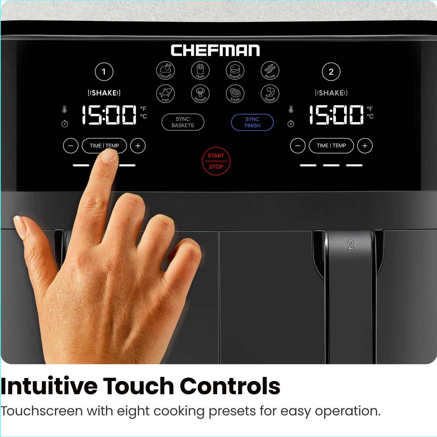 Chefman TurboFry Touch Dual Air Fryer, Maximize The Healthiest Meals With Double Basket Capacity, One-Touch Digital Controls And Shake Reminder For The Perfect Crispy And Low-Calorie Finish