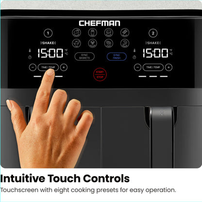 Chefman TurboFry Touch Dual Air Fryer, Maximize The Healthiest Meals With Double Basket Capacity, One-Touch Digital Controls And Shake Reminder For The Perfect Crispy And Low-Calorie Finish