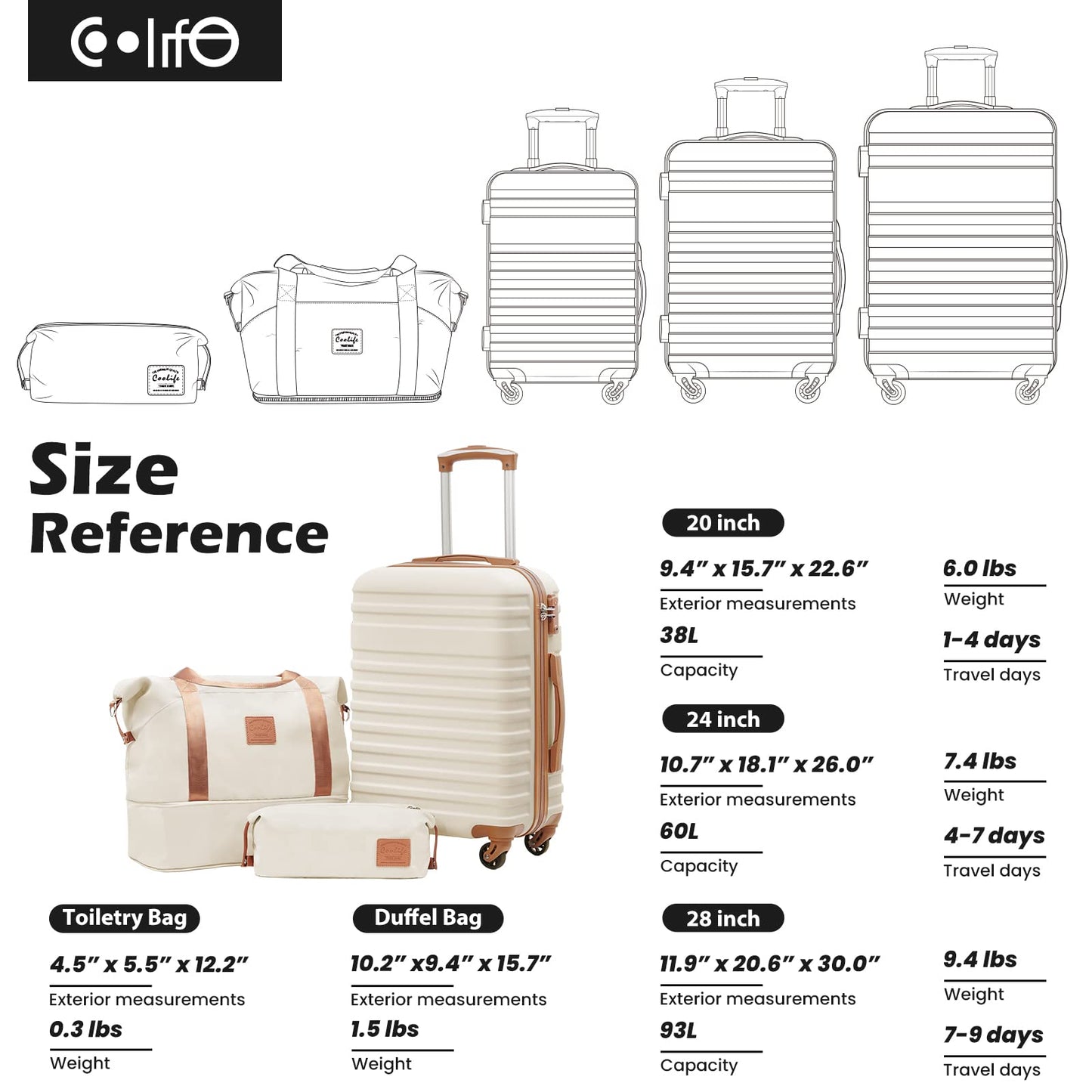 Coolife Suitcase Set 3 Piece Luggage Set Carry On Hardside Luggage with TSA Lock Spinner Wheels (Black, 3 piece set (DB/TB/20))