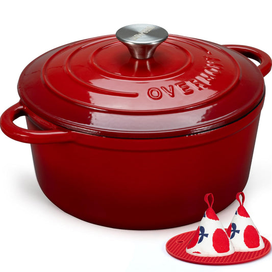 Overmont 5.5QT Enameled Cast Iron Dutch Oven with Lid Cookbook Heavy-Duty Casserole with Dual handles for Braising, Stews, Roasting, Bread Baking