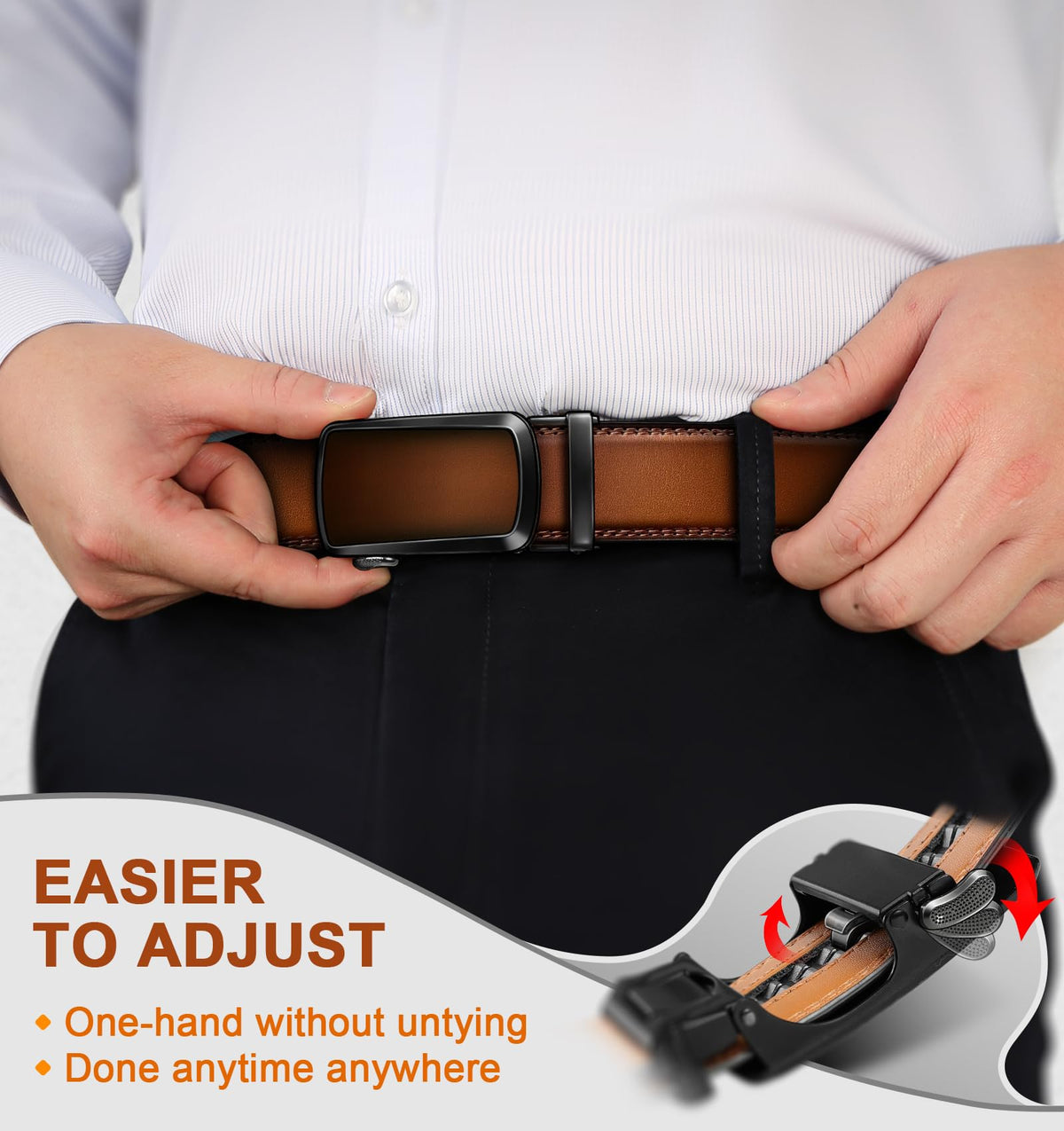 BULLIANT Men's Ratchet Belt 2 Pack-Click Leather Belt Adjustable for Men Gift 1 3/8-Cut for Perfect Fit(Black/Light Brown,32"-38" Waist Adjustable)
