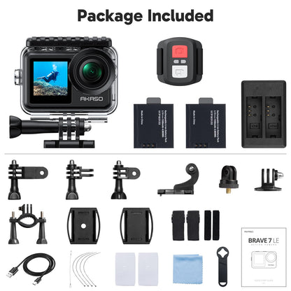 AKASO Brave 7 LE 4K30FPS 20MP WiFi Action Camera with Touch Screen EIS 2.0 Zoom Remote Control 131 Feet Underwater Camera with 2X 1350mAh Batteries Support External Microphone Vlog Camera