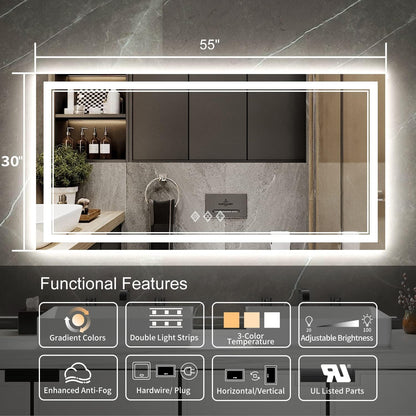 VanPokins Backlit Bathroom Mirror, 55x30 Inch Gradient Front and Backlit Mirror, 3 Colors Dimmable CRI>90 Double Lights, IP54 Enhanced Anti-Fog, Hanging Plates Wall Mount LED Bathroom Mirror