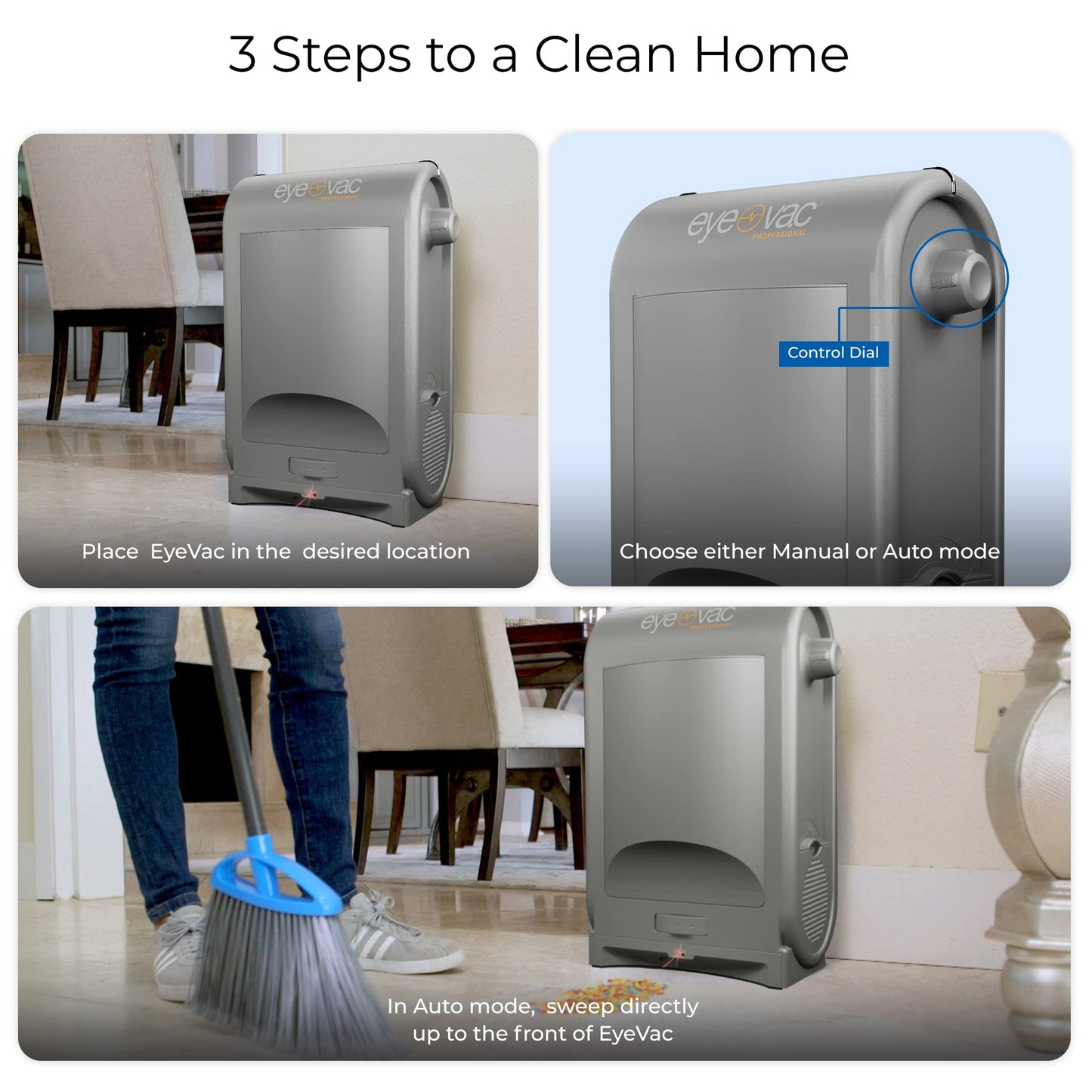 EyeVac Pro Touchless Vacuum Automatic Dustpan - Ultra Fast & Powerful - Great for Sweeping Salon Pet Hair Food Dirt Kitchen, Corded Canister Vacuum, Bagless, Automatic Sensors, 1400 Watt (Sliver)