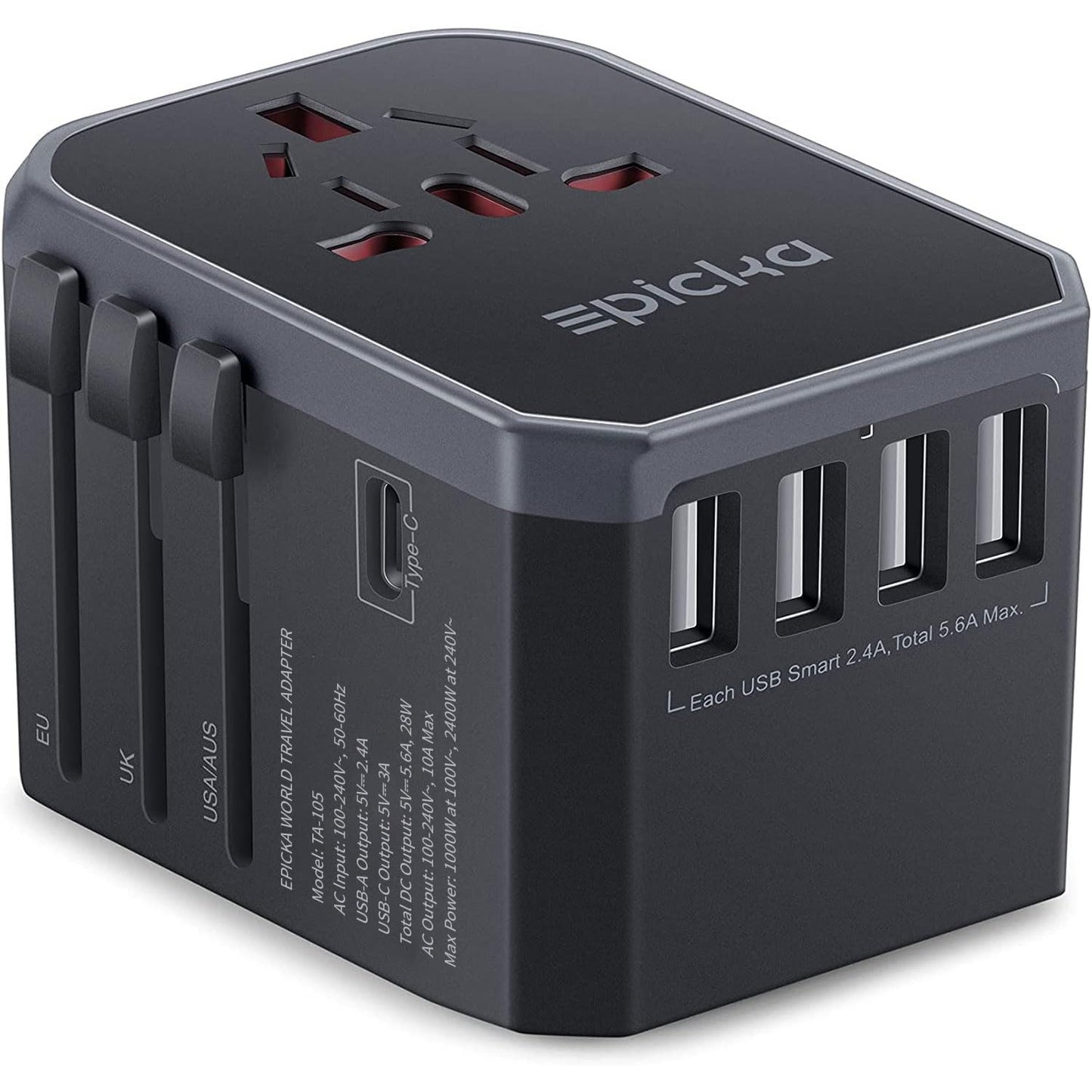 EPICKA Universal Travel Adapter, European Travel Plug Adapter - International Power Adapter Worldwide Charger with USB-C & 4 USB-A Ports, Travel Essentials for Italy, Japan, Europe, UK (TA-105, Grey)