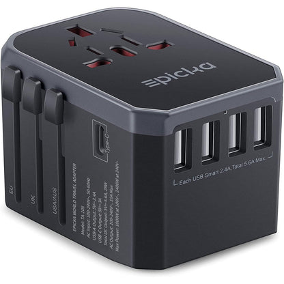 EPICKA Universal Travel Adapter, European Travel Plug Adapter - International Power Adapter Worldwide Charger with USB-C & 4 USB-A Ports, Travel Essentials for Italy, Japan, Europe, UK (TA-105, Grey)