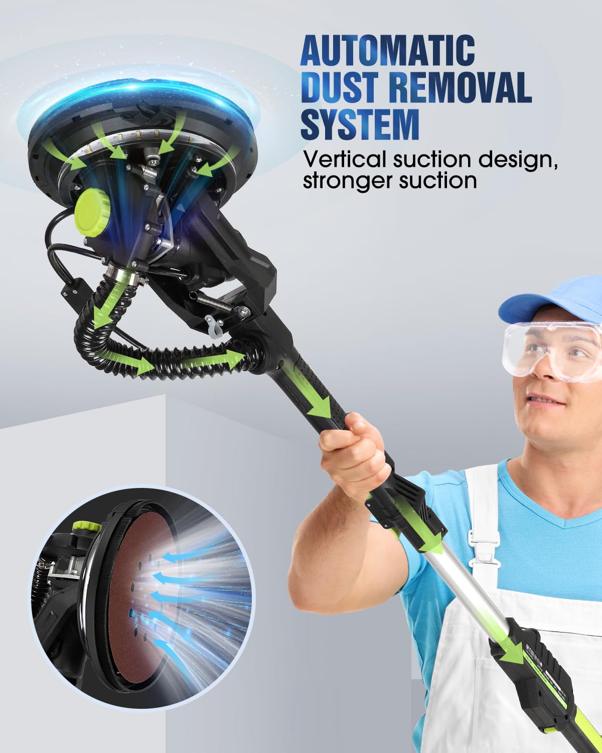 MYTOL Drywall Sander, 7.2A Electric Drywall Sander with Vacuum Dust Collection, LED Light, 6 Variable Speed Digital Display 900-1800RPM, Foldable & Extendable Handle, 9 Sanding Discs&3 Grid Sandpaper
