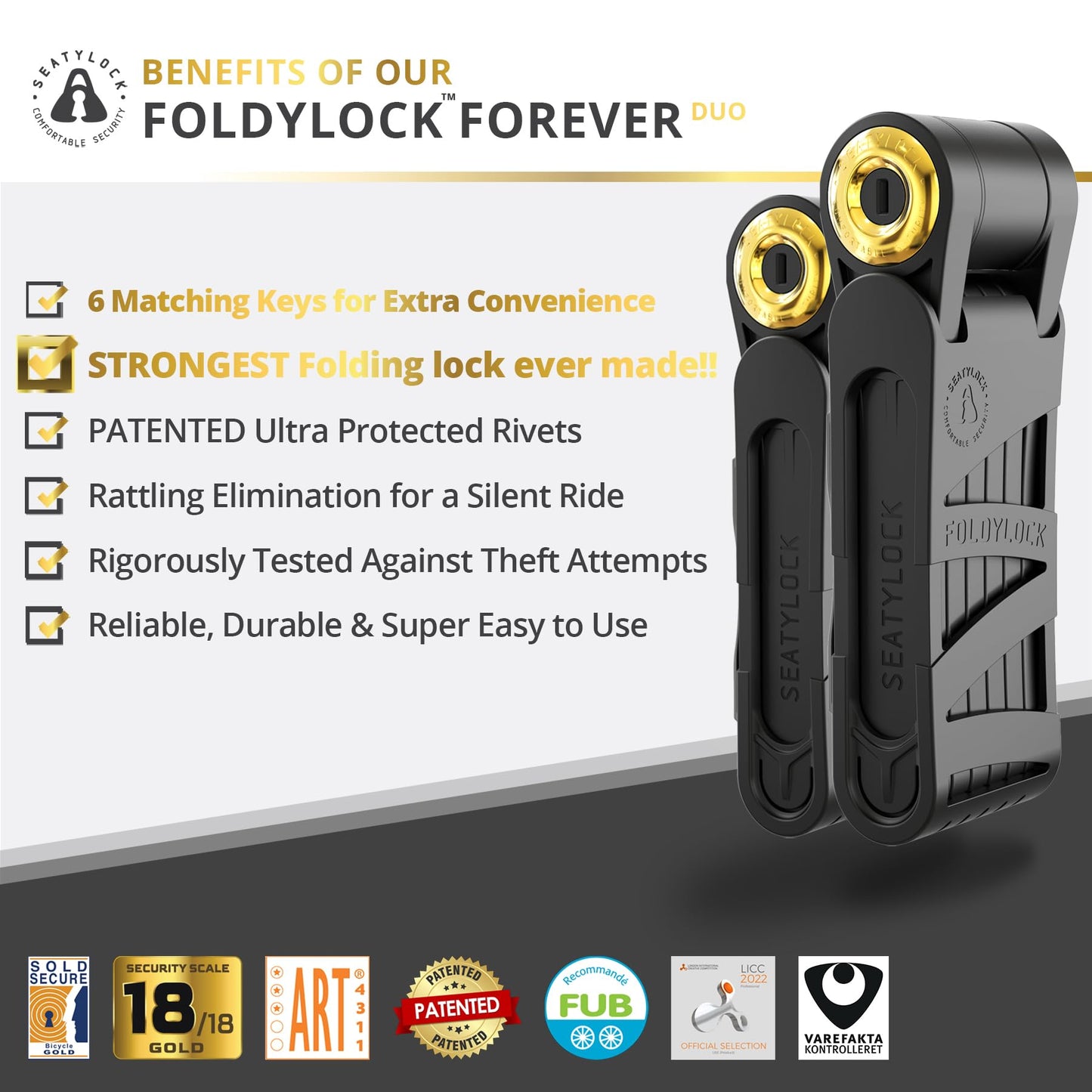 Seatylock FoldyLock Forever Folding Bike Lock Set - Patented 2 Matching Bicycle Locks with 6 Identical Keys - 18/18 Heavy Duty Anti Theft Secure Guard with Keys & Case Mount - 35.4"