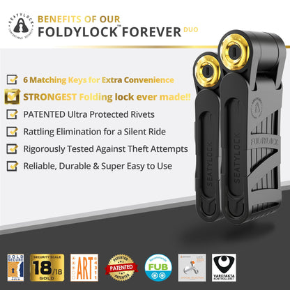 Seatylock FoldyLock Forever Folding Bike Lock Set - Patented 2 Matching Bicycle Locks with 6 Identical Keys - 18/18 Heavy Duty Anti Theft Secure Guard with Keys & Case Mount - 35.4"