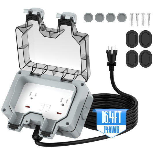 Outdoor Outlet Box with 16.4Ft Extension Cord,NEMA 5-15R,IP66 Waterproof Outdoor Outlet Box w/Lockable Cover & LED Indicator (Double Plug Socket) -Perfect for Gardens, Yards & Sports Fields