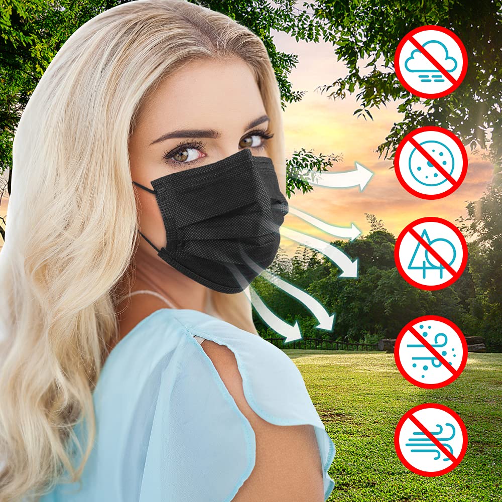 Egook Black Disposable Face Masks, 100 Pack 3 Ply Protection Face Mask, Soft Breathable Disposable Masks For Adults, Male-Female, Teenagers, Daily Use, Outdoors, School and Office