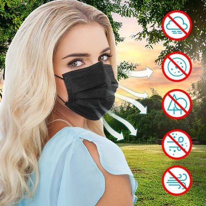 Egook Black Disposable Face Masks, 100 Pack 3 Ply Protection Face Mask, Soft Breathable Disposable Masks For Adults, Male-Female, Teenagers, Daily Use, Outdoors, School and Office