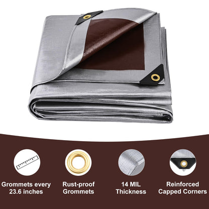 Sunvigor Tarp Waterproof 12x16Ft, Heavy Duty Tarp Cover Extra Thick 14 Mil Tear and UV Resistant, Outdoor Tarps with Grommets and Reinforced Edges for Roof, Camping, Patio, Pool, Boat