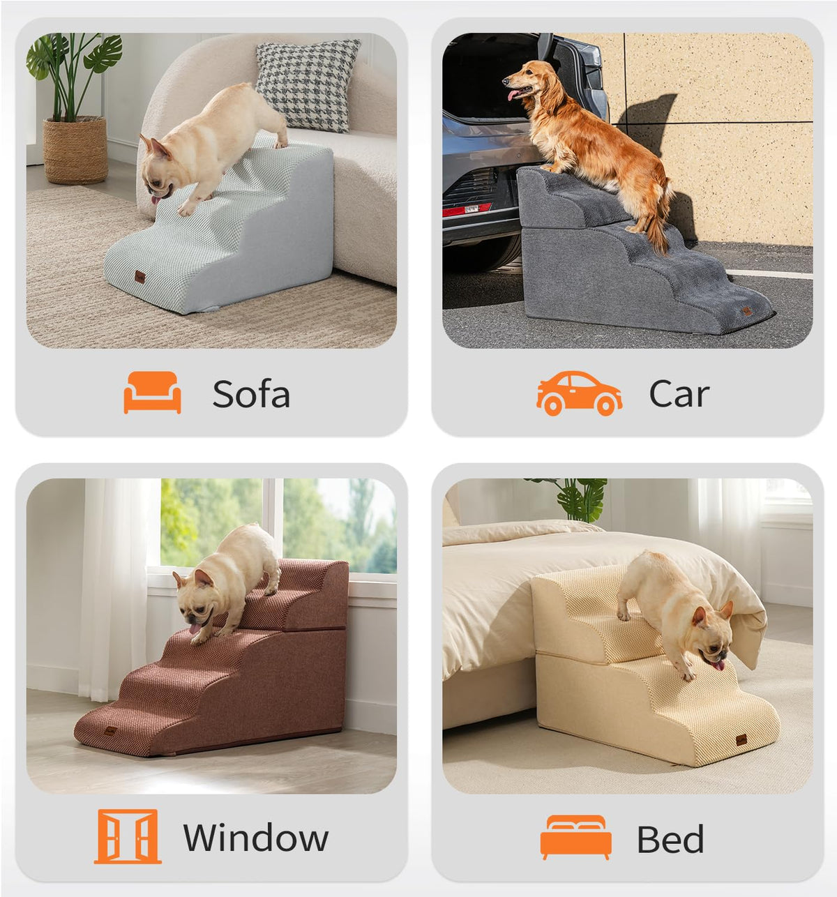 Made4Pets Dog Stairs Ramp for Small Dogs 15.7" H, 3-Step Dog Steps for Bed Couch Sofa and Chair, 35D Foam Pet Steps for Small Dogs and Cats, Non-Slip Bottom Pet Stairs, Light Grey