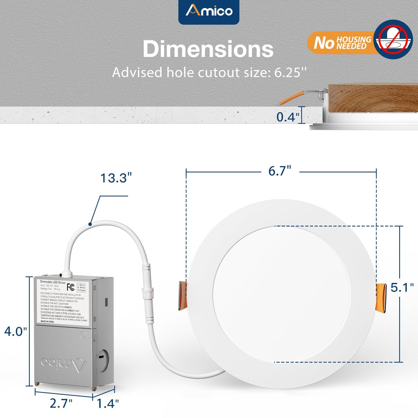 Amico 12 Pack 6 Inch 5CCT Ultra-Thin LED Recessed Ceiling Light with Junction Box, 1050LM Brightness, Dimmable Canless Wafer Downlight, 12W, ETL&FCC