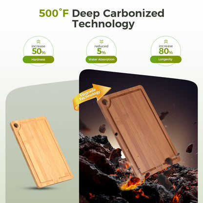 BNBUN Bamboo Cutting Board for Kitchen, Wooden Cutting Board 3-Piece Set with Non-Slip Mat Deep Juice Groove and Built-In Handles, Wood Cutting Board for Meat Vegetables Fruit Ideal Gift for the Home