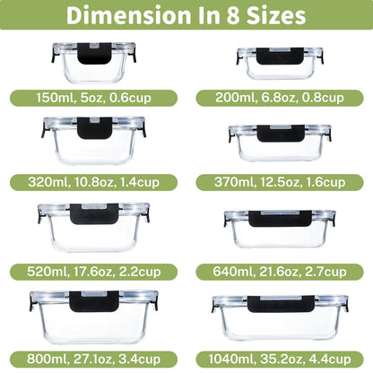 8 Pack Borosilicate Glass Food Storage Containers with Lids, Glass Meal Prep Containers, Airtight Bento Lunch Boxes with Leak Proof Locking, Oven, Freezer and Dishwasher Safe, BPA Free, 5-35oz