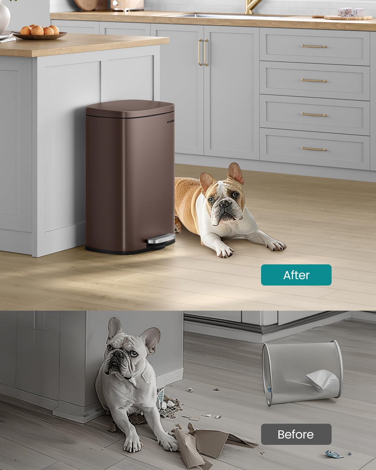 SONGMICS 13 Gallon (50 L) Trash Can, Stainless Steel Kitchen Garbage Can, Recycling or Waste Bin, Soft Close, Step-On Pedal, Removable Inner Bucket, Brown ULTB50BR