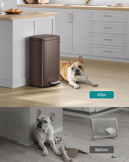 SONGMICS 13 Gallon (50 L) Trash Can, Stainless Steel Kitchen Garbage Can, Recycling or Waste Bin, Soft Close, Step-On Pedal, Removable Inner Bucket, Brown ULTB50BR