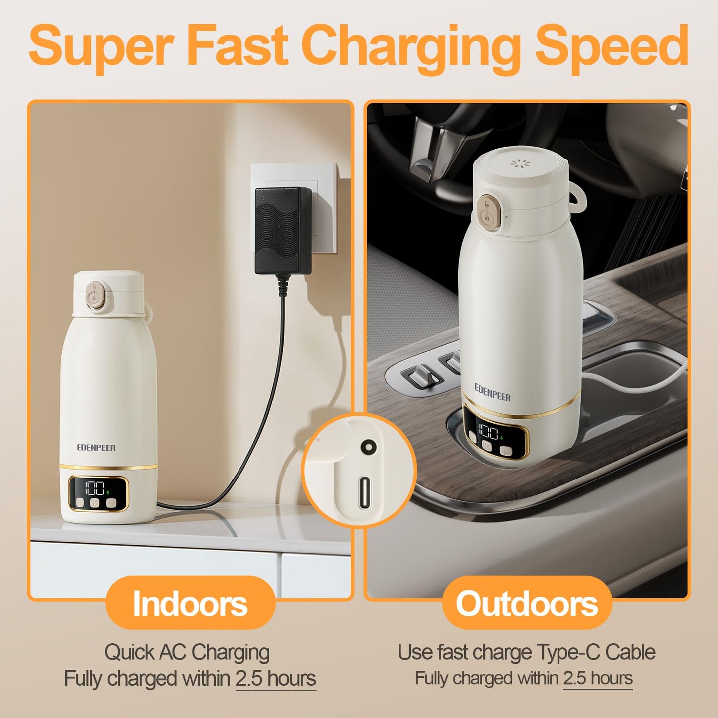 EDENPEER Portable Milk Warmer for Travel, Cordless Bottle Warmer,Instant Breastmilk, Formula, Water, Milk Warmer with 17 Ounces Big Capacity& Extended Battery Life, Super Fast Charging