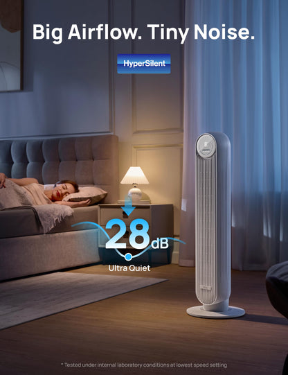 DREO Tower Fan for Bedroom, 25ft/s Velocity Quiet Floor Fan, 90° Oscillating Fans for Indoors with 4 Speeds, 4 Modes, 8H Timer, Standing Fans, Bladeless Fan, White (DR-HTF007)