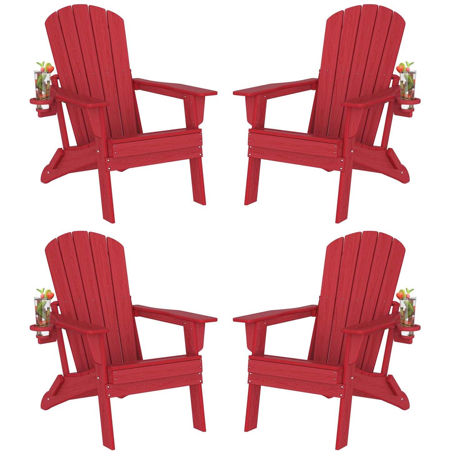 Plawdlik Folding Adirondack Chair Set of 4, SGS Tested, Wooden Textured with Cup Holder, Heavy All-Weather HDPE Comfortable Set Poolside Backyard Lawn,Red