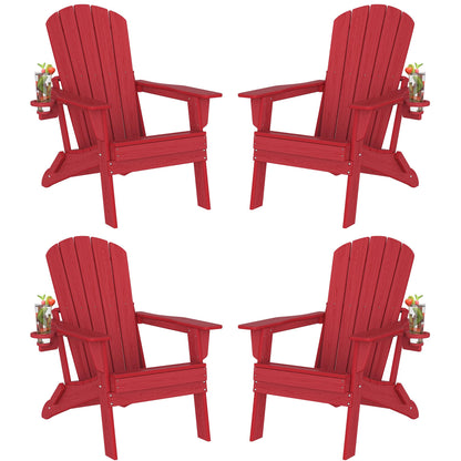 Plawdlik Folding Adirondack Chair Set of 4, SGS Tested, Wooden Textured with Cup Holder, Heavy All-Weather HDPE Comfortable Set Poolside Backyard Lawn,Red