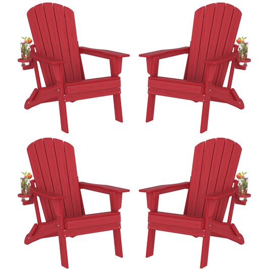 Plawdlik Folding Adirondack Chair Set of 4, SGS Tested, Wooden Textured with Cup Holder, Heavy All-Weather HDPE Comfortable Set Poolside Backyard Lawn,Red