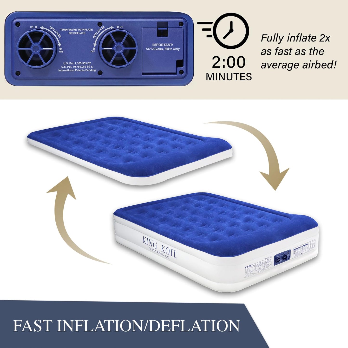 King Koil Luxury Queen Air Mattress with Built-in Pillow & Ultra-Fast Built-in High-Speed Pump, 20″ Inflatable Premium Airbed, Waterproof, Adjustable Firmness, 1-Year Manufacturer Warranty