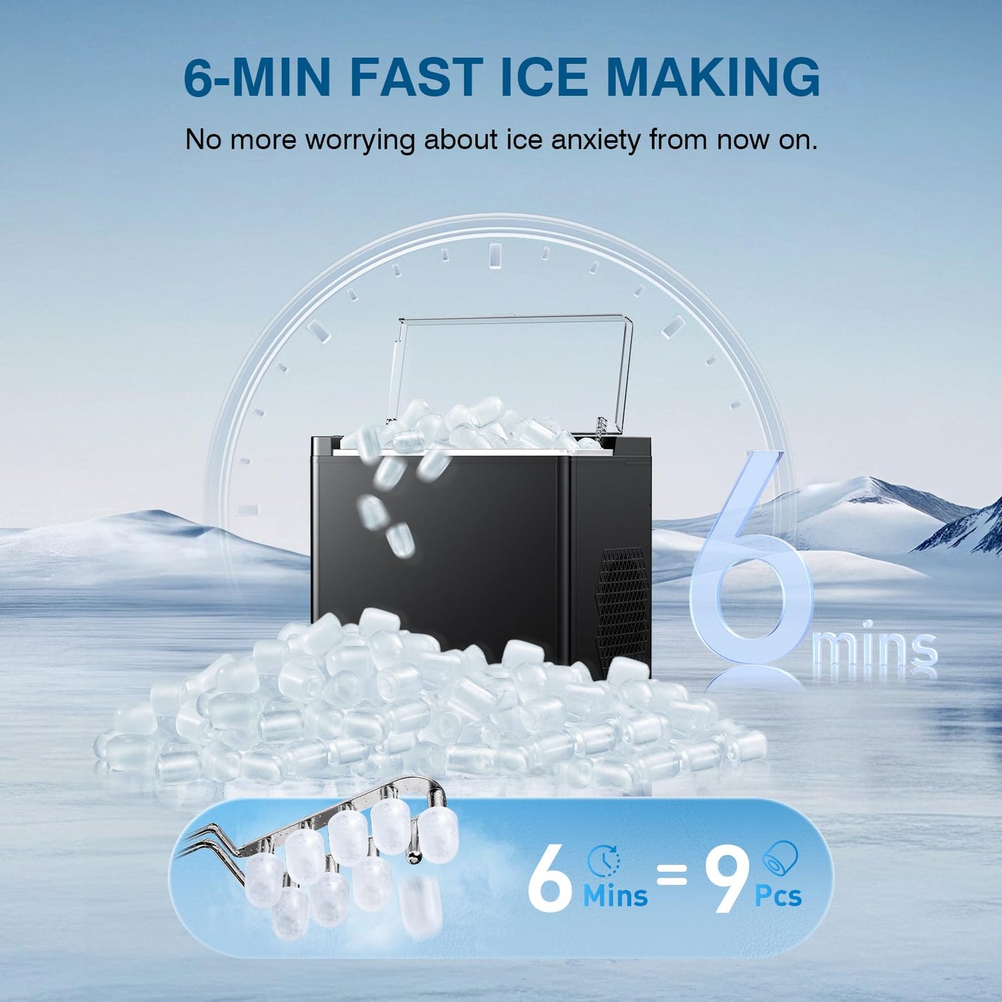 ORFLROA Ice Makers Countertop, 9 Ice Cubes in 6 Mins Portable Ice Maker, 2 Sizes of Bullet Ice (S/L) Small Ice Machine for Home Kitchen Camping (Sable)