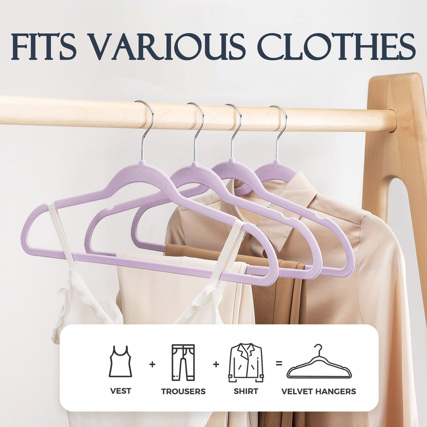 HOUSE DAY Lt-Purple Velvet Hangers 60 Pack, Non Slip Clothes Felt Hanger Heavy Duty for Coat, Premium Slim Space Saving Suit Hangers for Closet Organizer, 360° Rotating Silver Hook