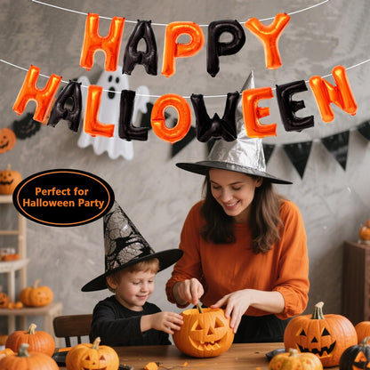 Happy Halloween Balloons Banner - Orange and Black Helloween Banner Backdrop Garland, 16 Inch Large Mylar Hanging Foil Balloon Banners With Straw Ribbon for Indoor Outdoor Halloween Party Decorations