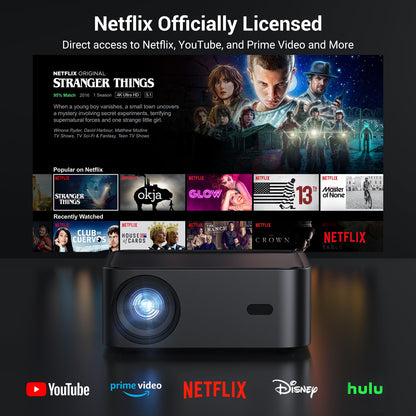 Official Licensed Netflix Smart Projector, HAPPRUN Projector 4K with Wifi and Bluetooth, DoIby Audio, Built-in Apps, Native 1080P 1000ANSI, Electric Focus, Portable Projector for Home Cinema, Bedroom