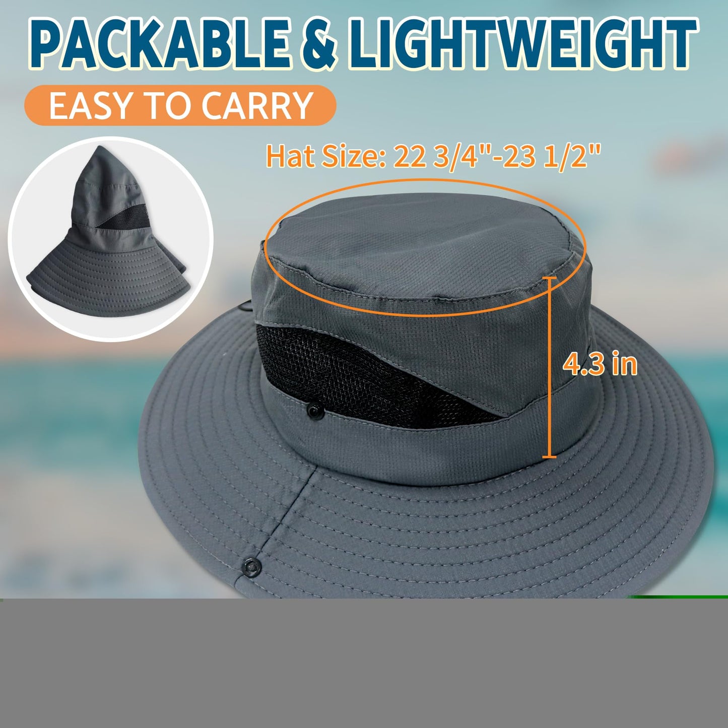 PFFY Sun Bucket Hats for Men Women 3” Wide Brim UPF 50+ Fishing & Beach Hat Darkgrey