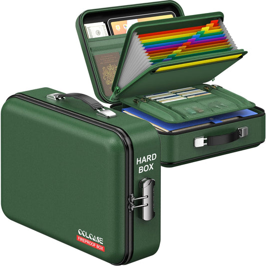 COLCASE Fireproof Document Folder, Hard Case Fireproof Document Box with Lock Hard-Shell Design Fireproof Water Resistant Document Box for Important Documents Certificates Laptop Passports Green