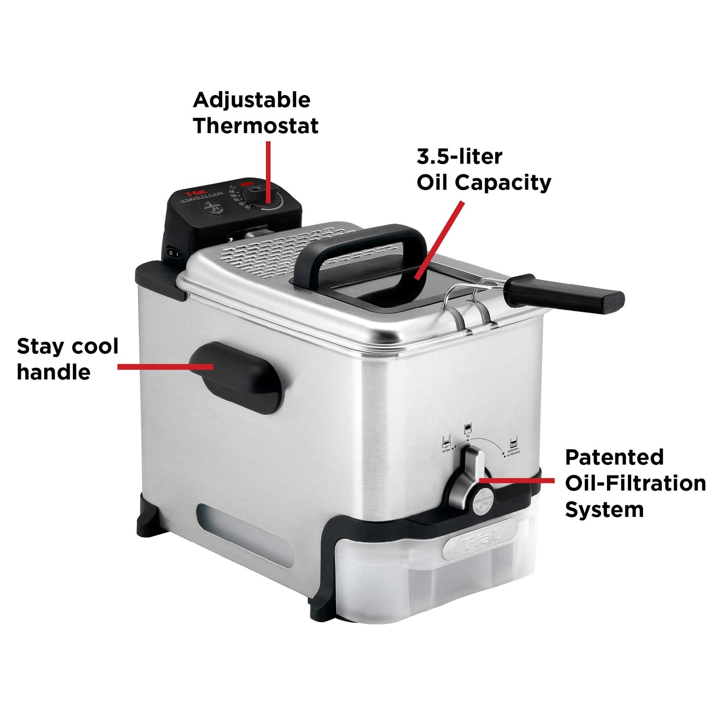 T-fal 3.5L Stainless Steel Deep Fryer with Basket for Home Use, 1700W, Deep Fryer with Oil Filtration, Temp Control, Digital Timer