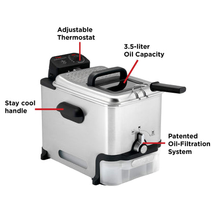 T-fal 3.5L Stainless Steel Deep Fryer with Basket for Home Use, 1700W, Deep Fryer with Oil Filtration, Temp Control, Digital Timer