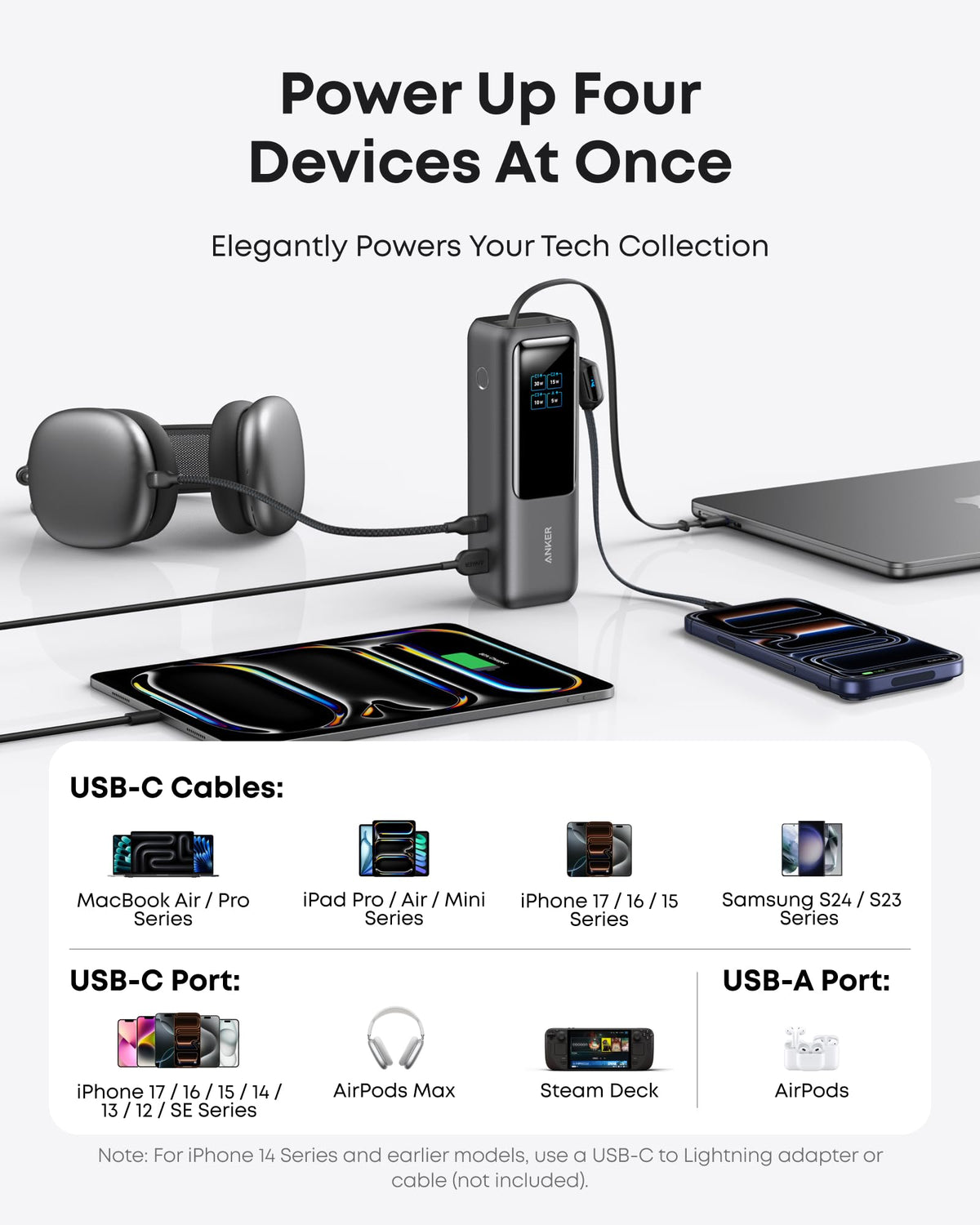 Anker Laptop Power Bank, 25,000mAh Portable Charger with Triple 100W USB-C Ports, Built-in Retractable Cables, Flight-Approved for Travel, iPhone 17/16 Series, MacBook, Samsung, and More
