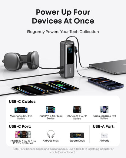 Anker Laptop Power Bank, 25,000mAh Portable Charger with Triple 100W USB-C Ports, Built-in Retractable Cables, Flight-Approved for Travel, iPhone 17/16 Series, MacBook, Samsung, and More