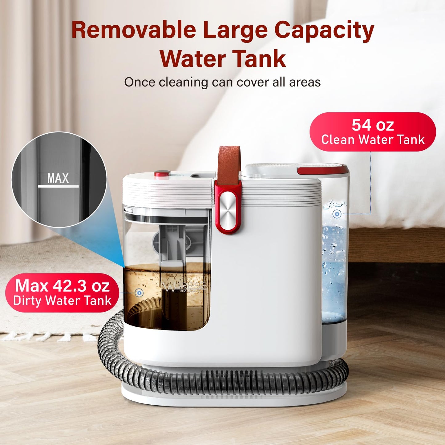 WURESE Portable Upholstery and Carpet Cleaner Machine, 15Kpa Spot Cleaner Deep Cleans Pet Stains, Couch Cleaner with 3 Tools and Self-Cleaning System for Area Rugs, Furniture, Stair, Car, Red
