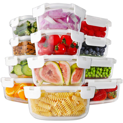 HOMBERKING 24pc Glass Food Storage Containers with Lids, Glass Meal Prep Containers with Leak Proof Snap Lock Lids, Airtight Bento Lunch Boxes, Kitchen Storage (12 lids & 12 Containers) - White