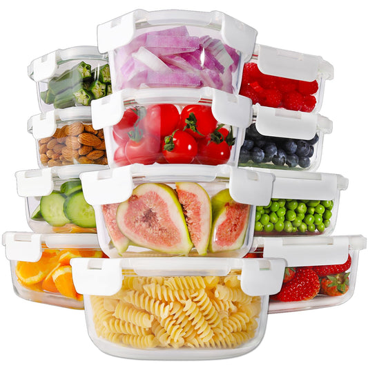 HOMBERKING 24pc Glass Food Storage Containers with Lids, Glass Meal Prep Containers with Leak Proof Snap Lock Lids, Airtight Bento Lunch Boxes, Kitchen Storage (12 lids & 12 Containers) - White